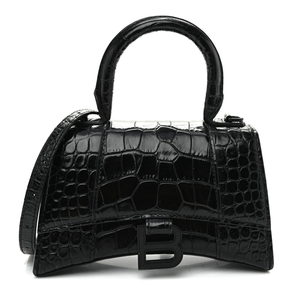 Shiny Calfskin Monochrome Crocodile Embossed Hourglass Top Handle Bag XS Black