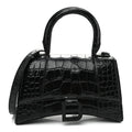 Shiny Calfskin Monochrome Crocodile Embossed Hourglass Top Handle Bag XS Black