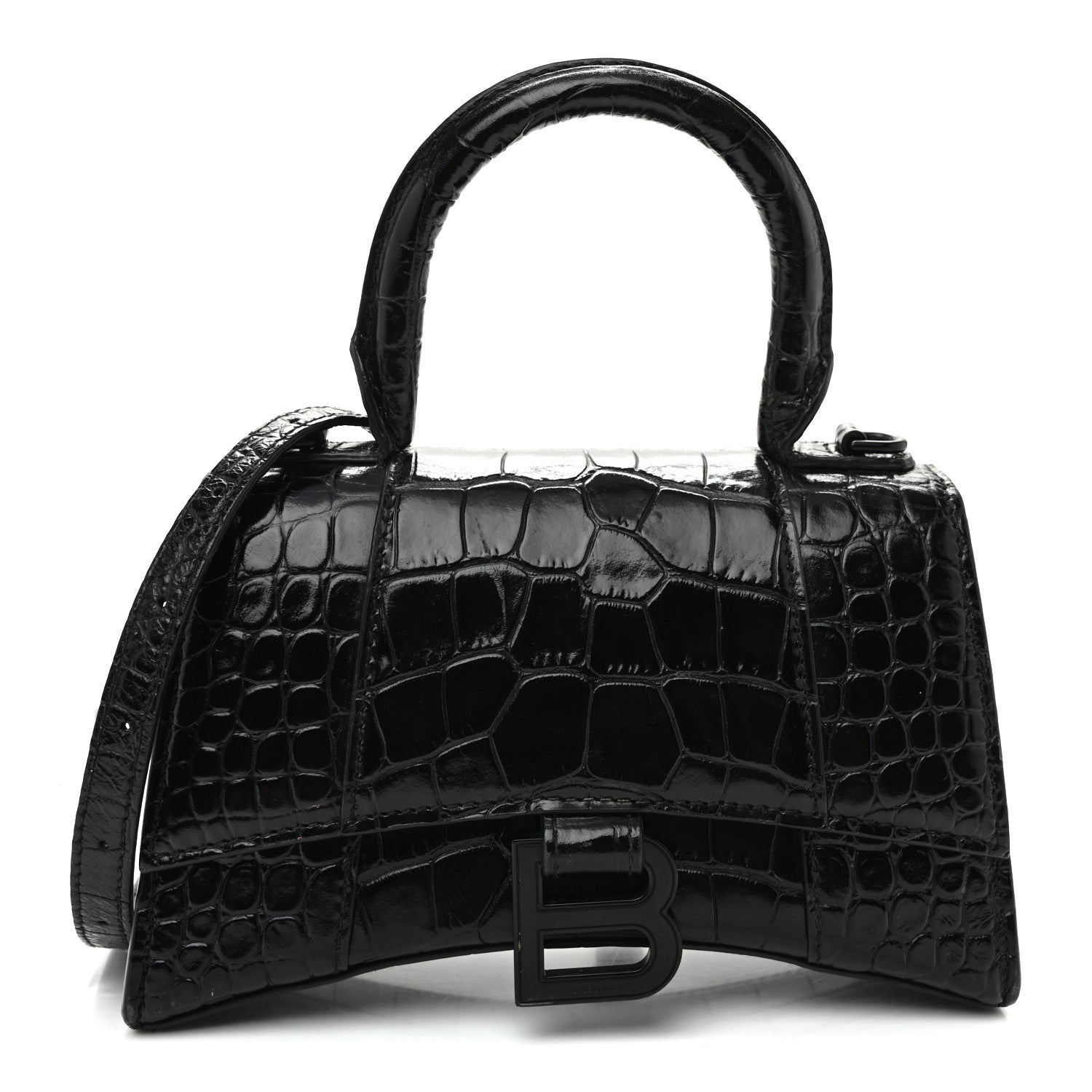 Shiny Calfskin Monochrome Crocodile Embossed Hourglass Top Handle Bag XS Black