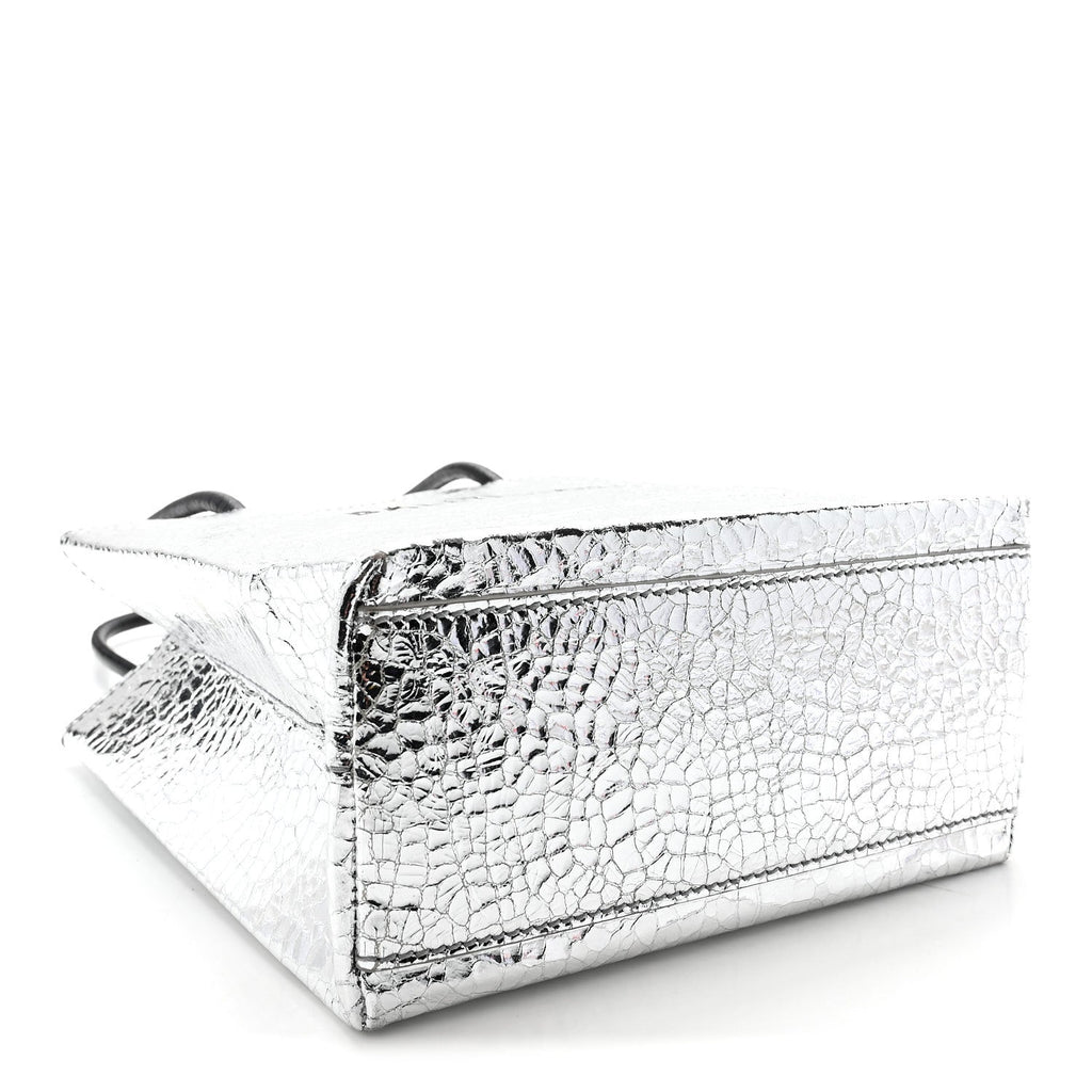 Crackled Mirror Calfskin Logo North South Shopper Tote XXS Silver