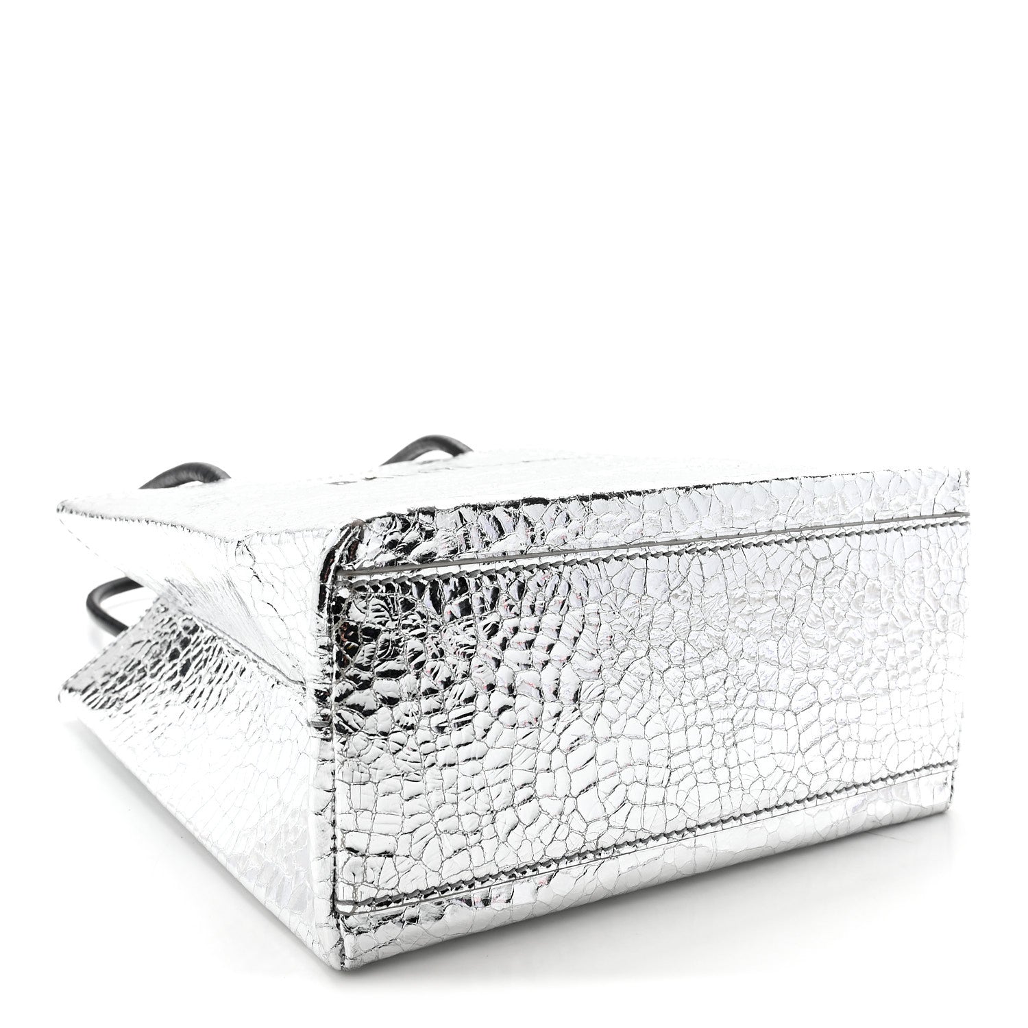 Crackled Mirror Calfskin Logo North South Shopper Tote XXS Silver