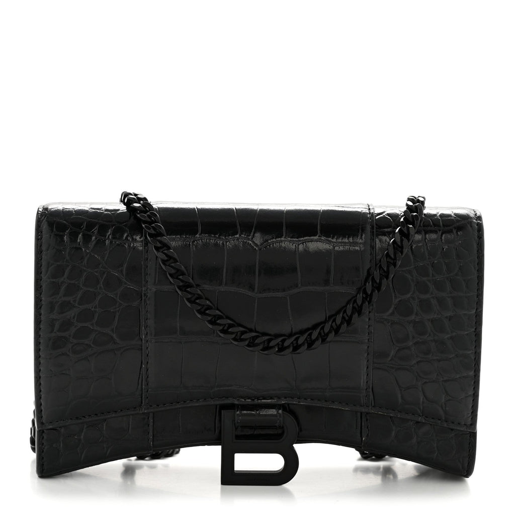 Shiny Calfskin Monochrome Crocodile Embossed Hourglass Chain Bag Black