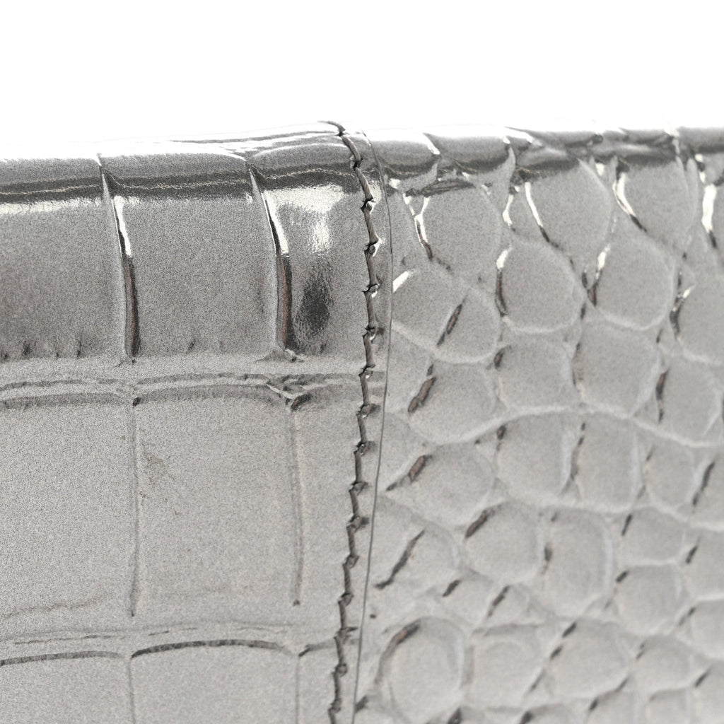 Metallic Calfskin Crocodile Embossed Hourglass Flap Flat Pouch Silver