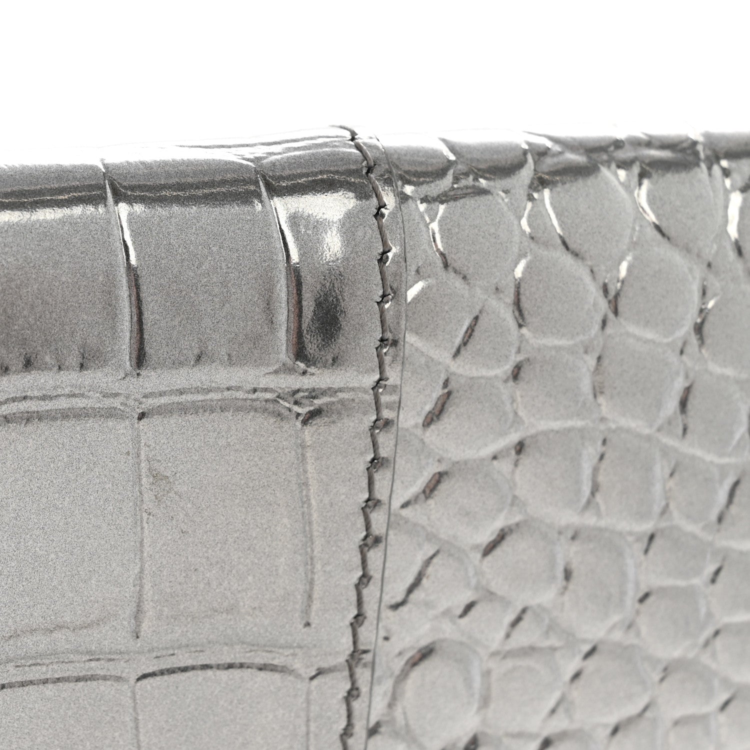 Metallic Calfskin Crocodile Embossed Hourglass Flap Flat Pouch Silver