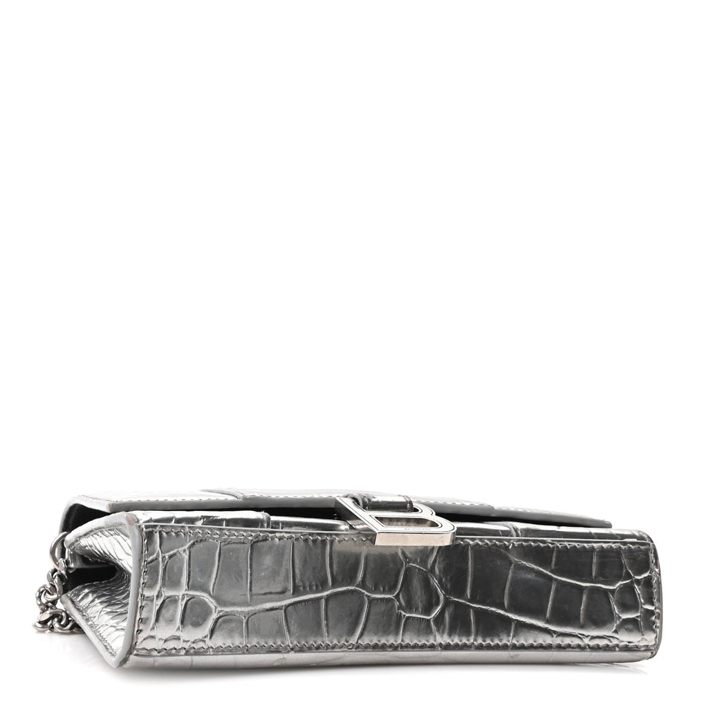 Metallic Calfskin Crocodile Embossed Hourglass Chain Bag Silver