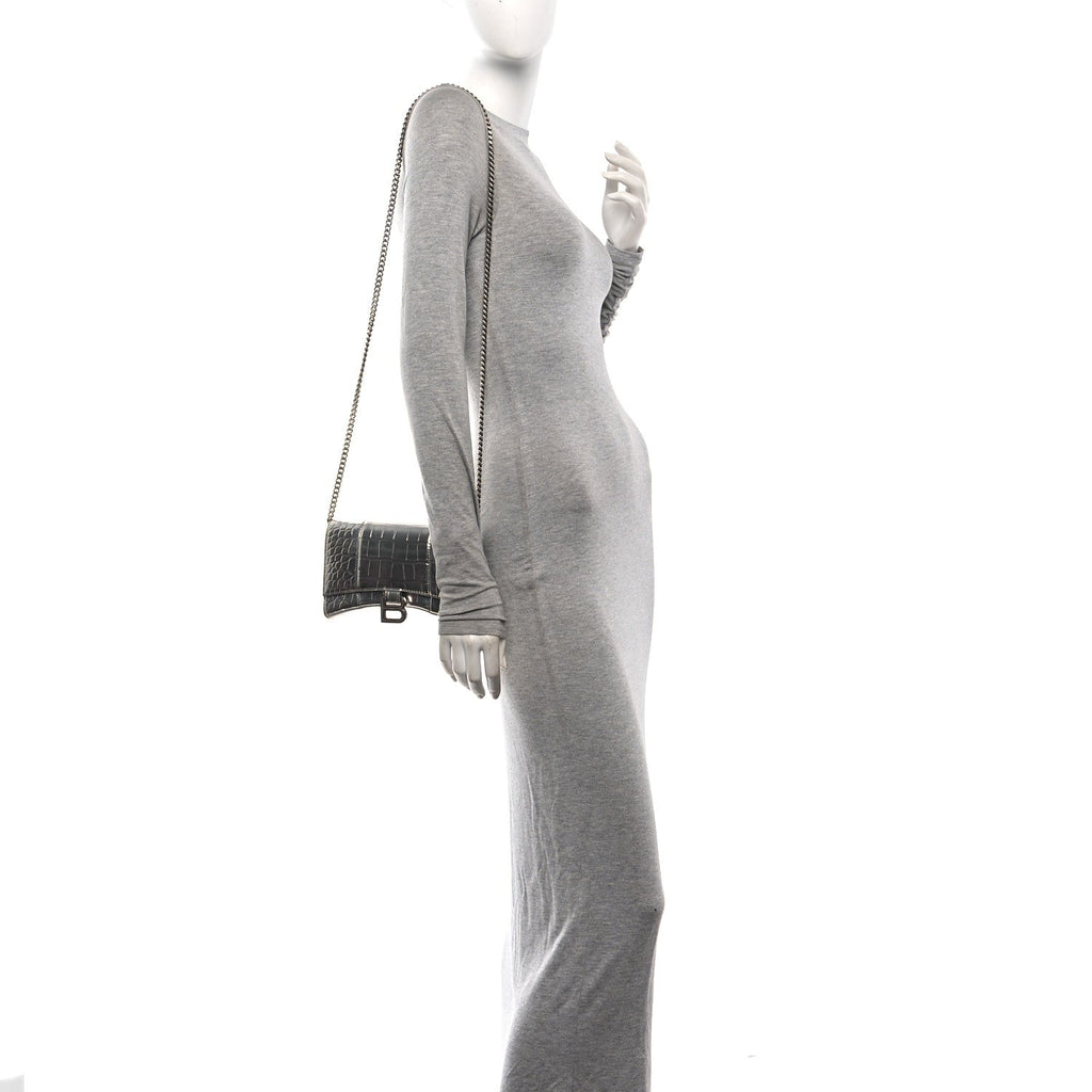 Metallic Calfskin Crocodile Embossed Hourglass Chain Bag Silver