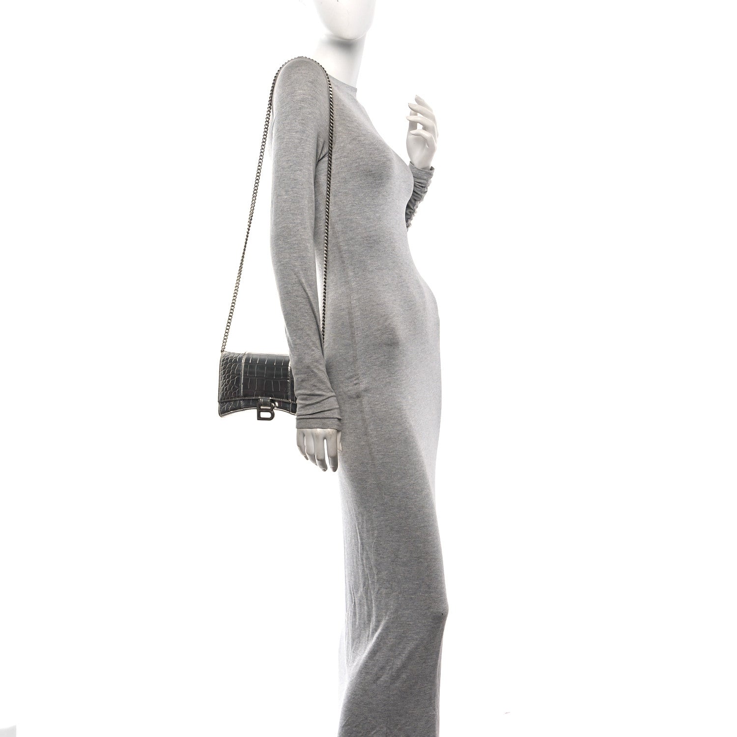 Metallic Calfskin Crocodile Embossed Hourglass Chain Bag Silver
