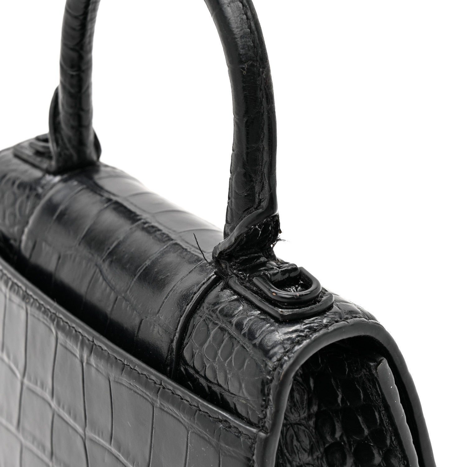 Shiny Calfskin Monochrome Crocodile Embossed Hourglass Top Handle Bag XS Black