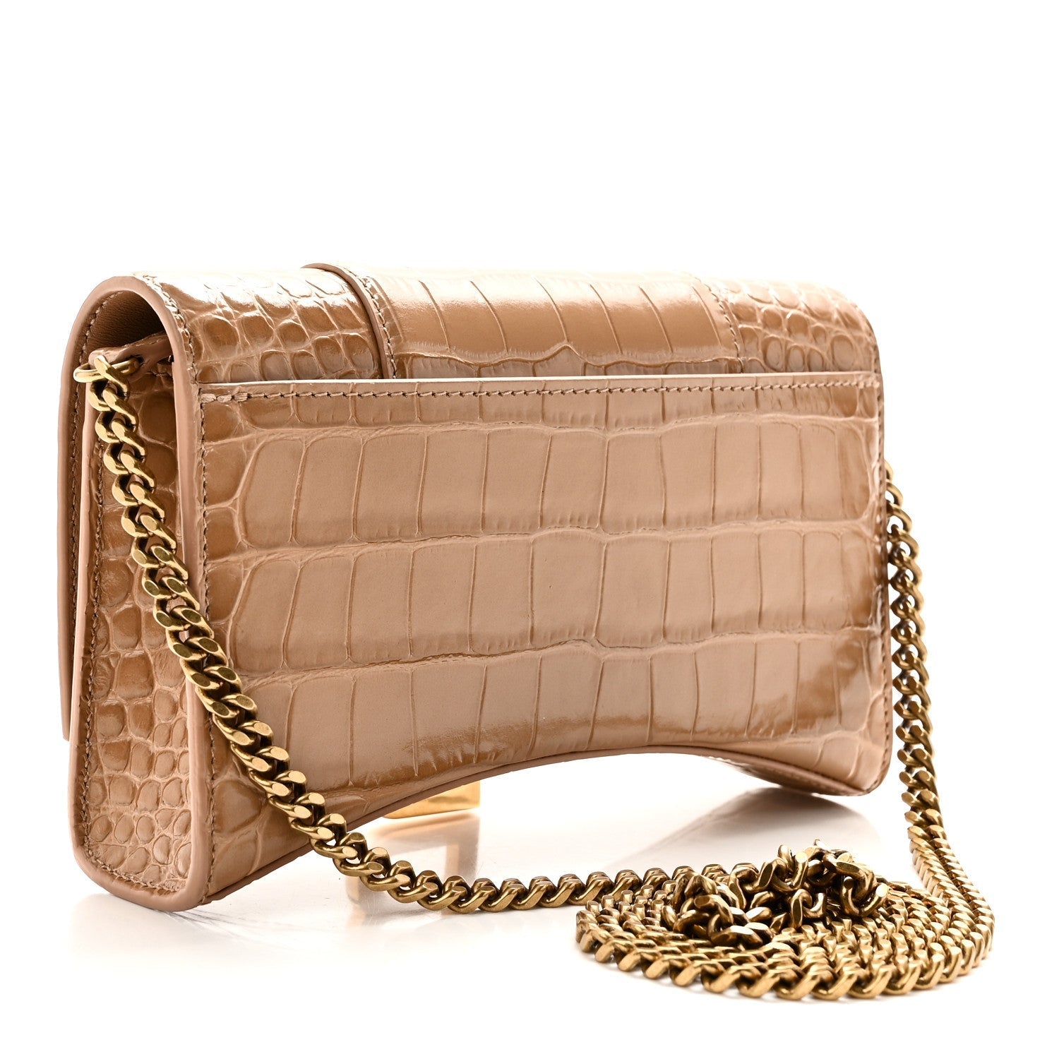Shiny Calfskin Crocodile Embossed Hourglass Chain Bag Nude Beige