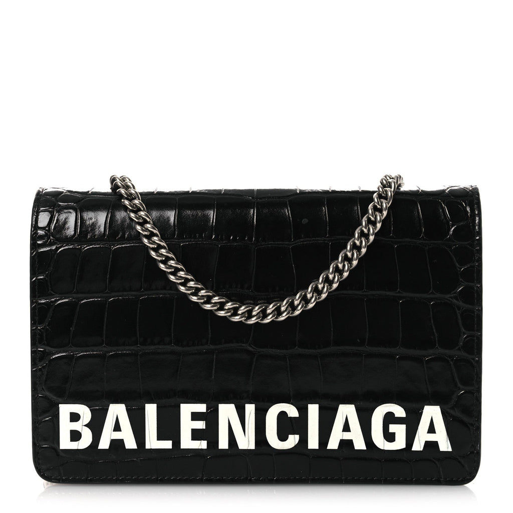 Shiny Calfskin Logo Crocodile Embossed Ville Wallet on Chain Black