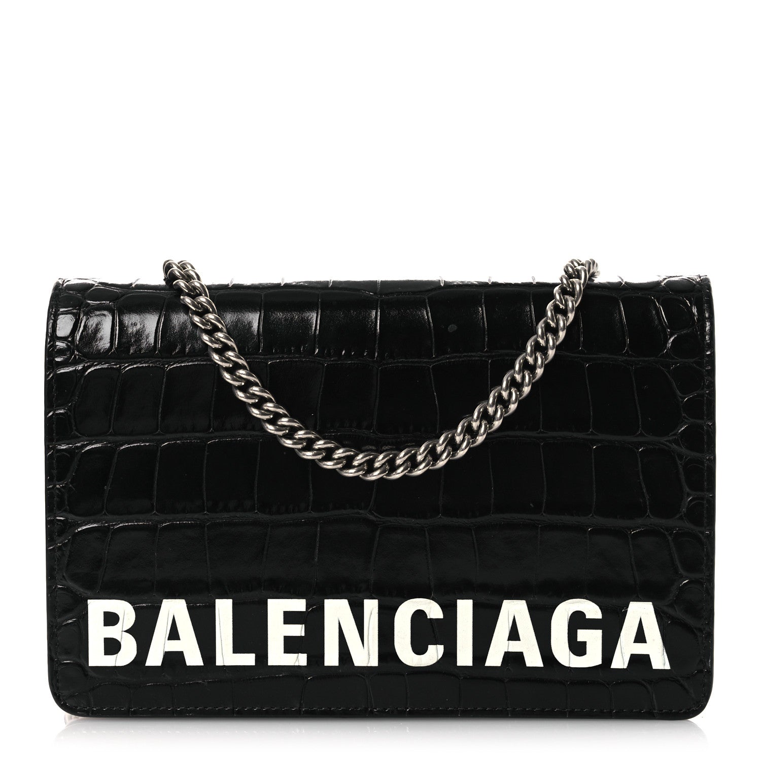 Shiny Calfskin Logo Crocodile Embossed Ville Wallet on Chain Black