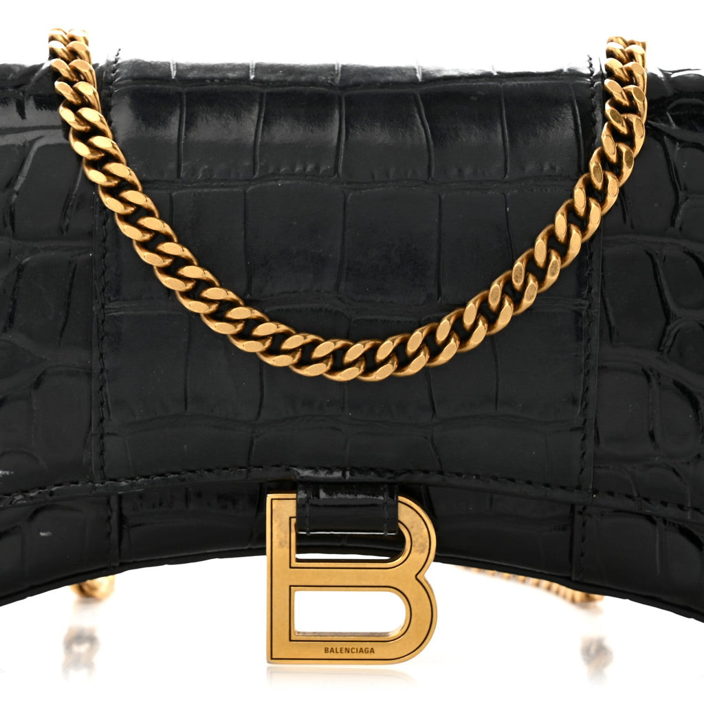 Shiny Calfskin Crocodile Embossed Hourglass Chain Bag Black