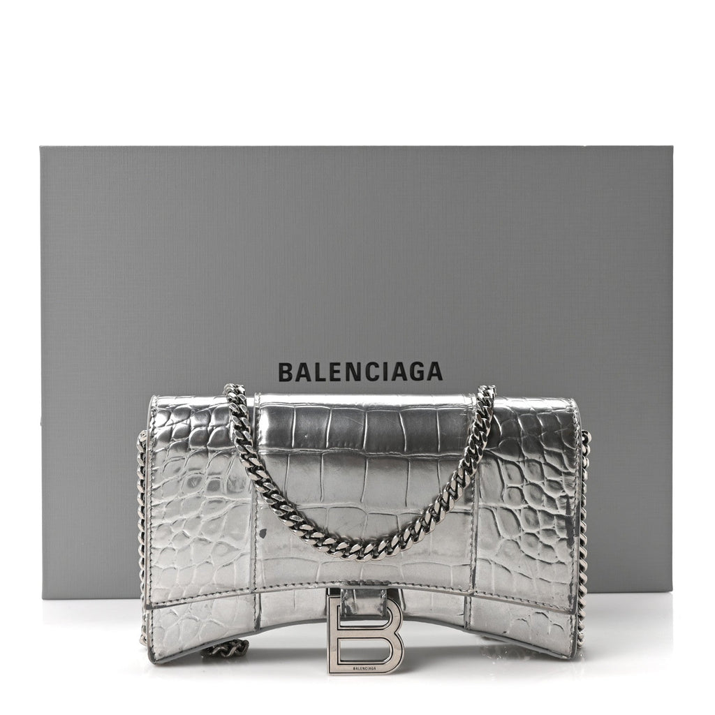 Metallic Calfskin Crocodile Embossed Hourglass Chain Bag Silver
