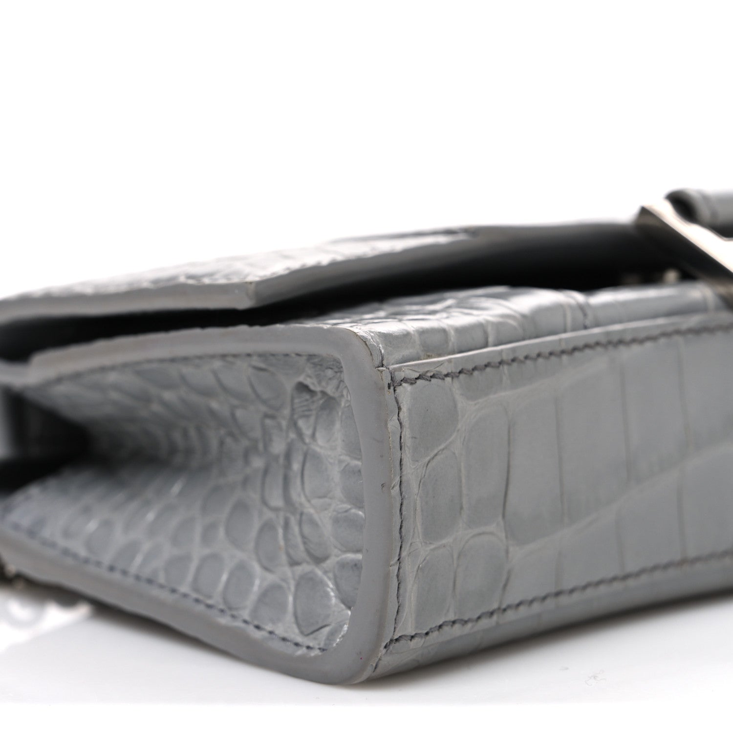 Shiny Calfskin Crocodile Embossed Hourglass Chain Bag Balenciaga Steel Grey