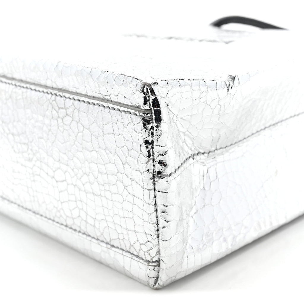 Crackled Mirror Calfskin Logo North South Shopper Tote XXS Silver