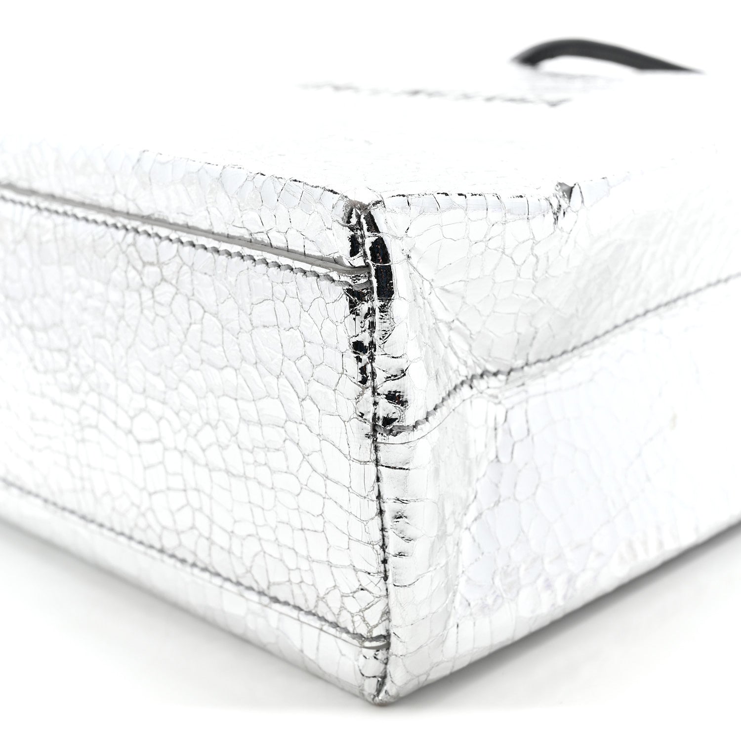 Crackled Mirror Calfskin Logo North South Shopper Tote XXS Silver