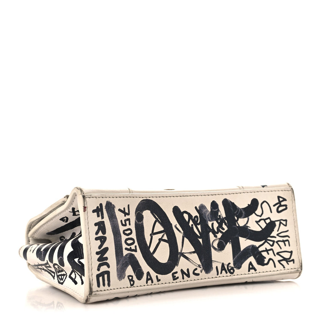 Smooth Calfskin Graffiti Hourglass Top Handle Bag XS White Black