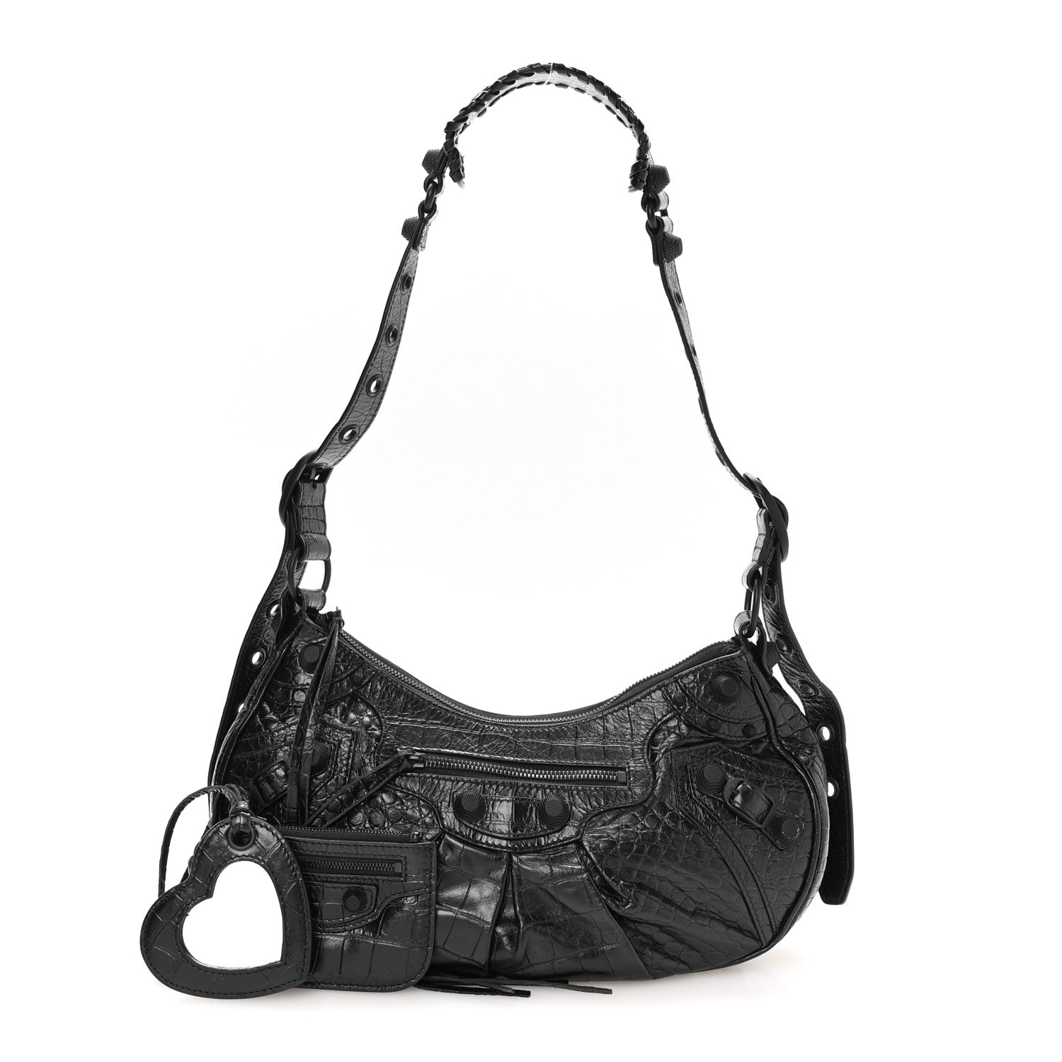 Extra Supple Calfskin Crocodile Embossed Monochrome Small Le Cagole Shoulder Bag Black