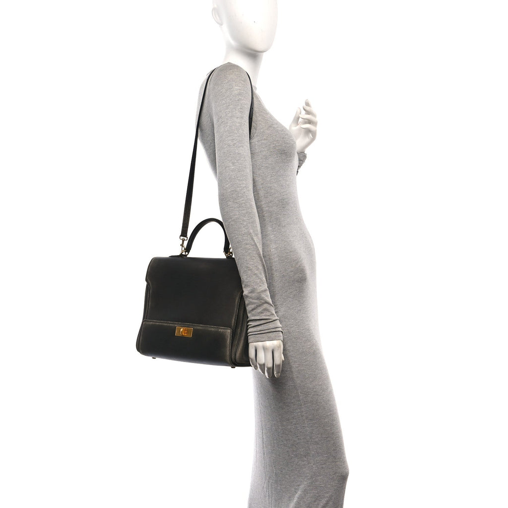 Used Calfskin Money Top Handle Handbag Black