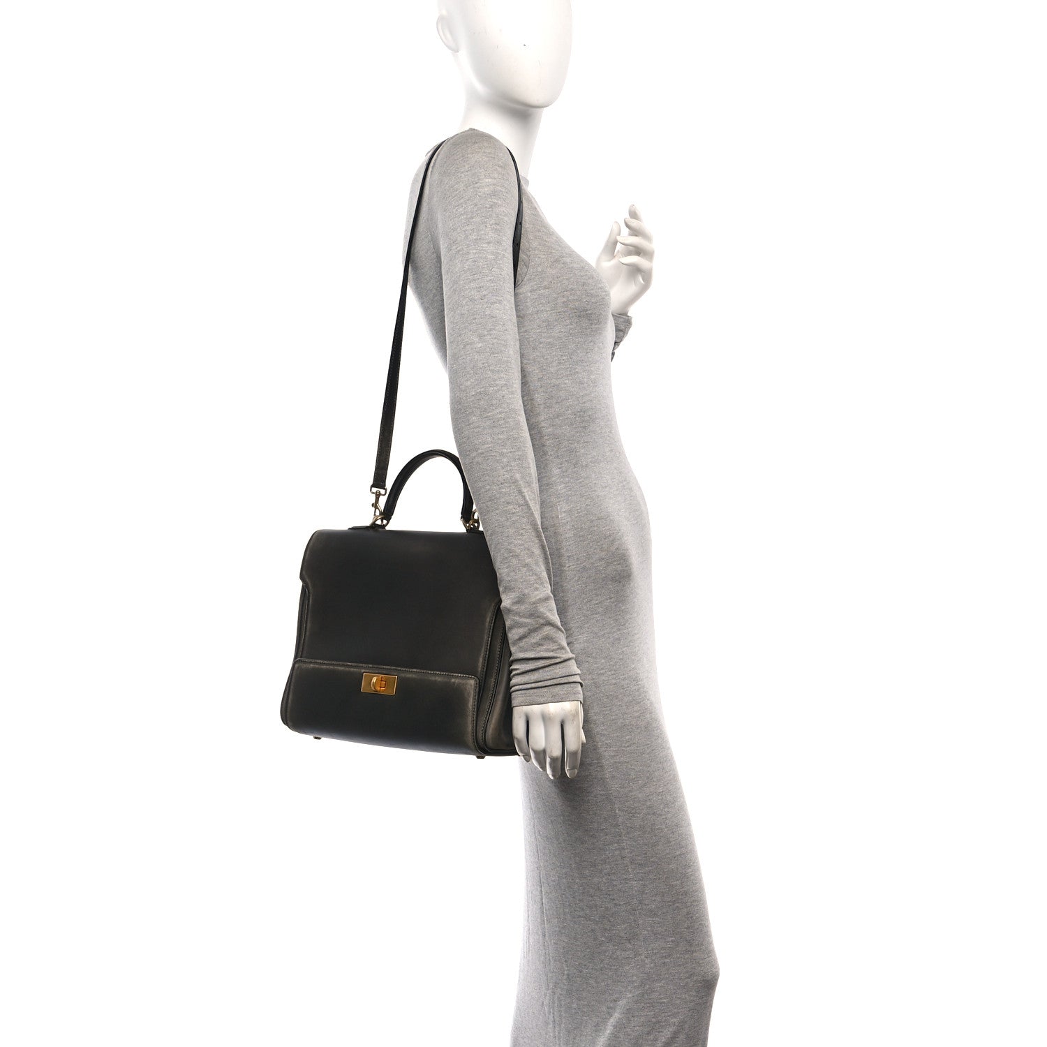 Used Calfskin Money Top Handle Handbag Black