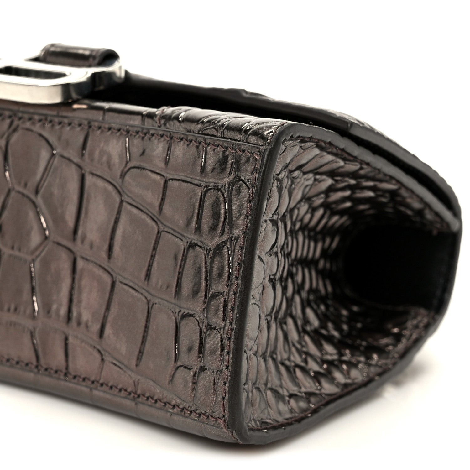 Metallic Shiny Calfskin Crocodile Embossed Hourglass Top Handle Bag XS Dark Bronze