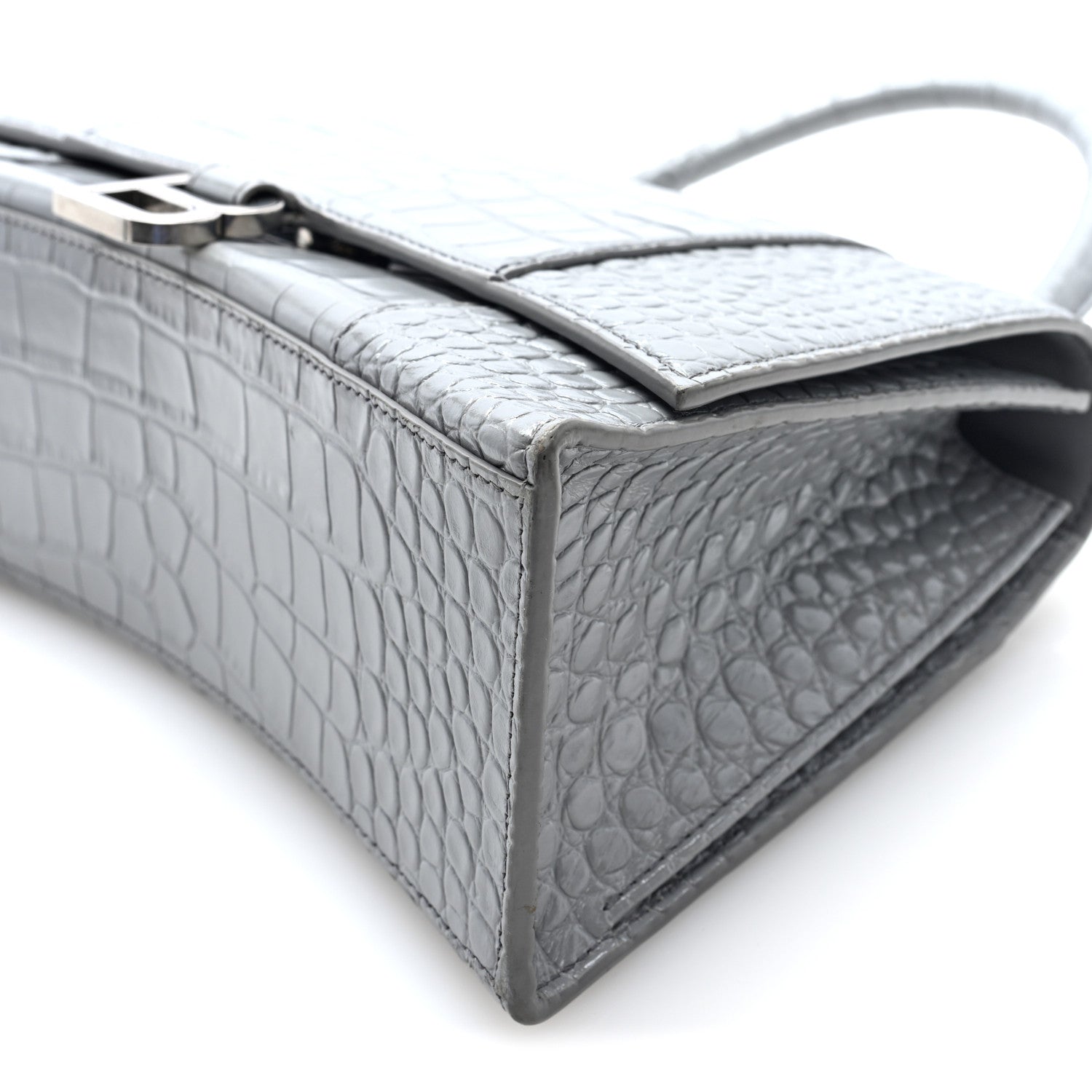Shiny Calfskin Crocodile Embossed Medium Hourglass Top Handle Bag Balenciaga Grey