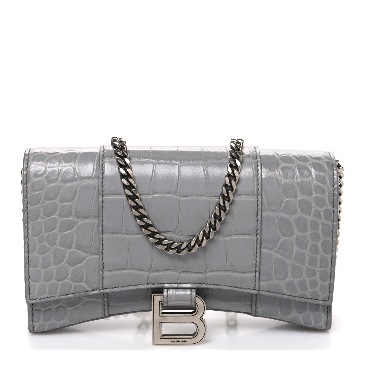 Shiny Calfskin Crocodile Embossed Hourglass Chain Bag Balenciaga Steel Grey