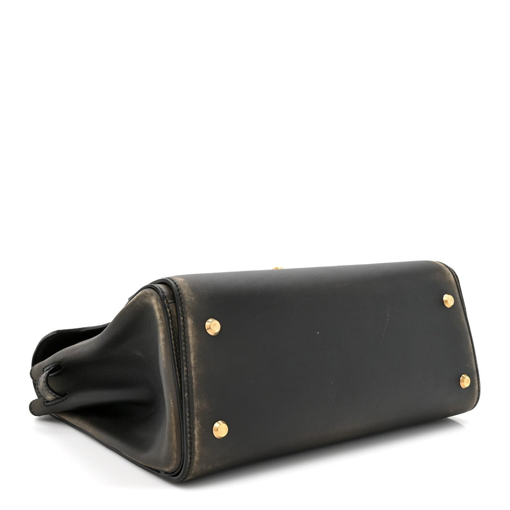 Used Calfskin Money Top Handle Handbag Black