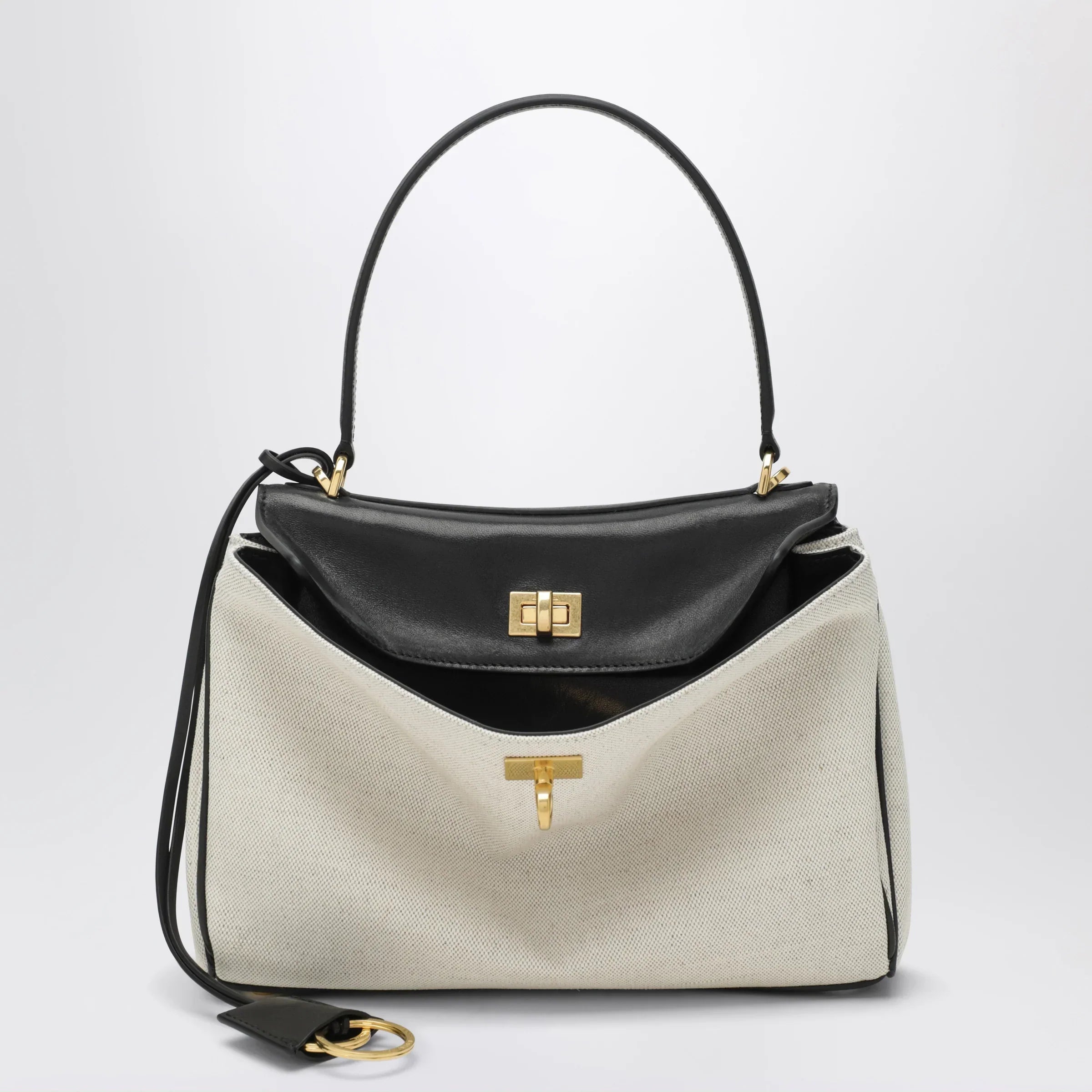 Balenciaga - Small Rodeo handbag in linen and lambskin, natural/black