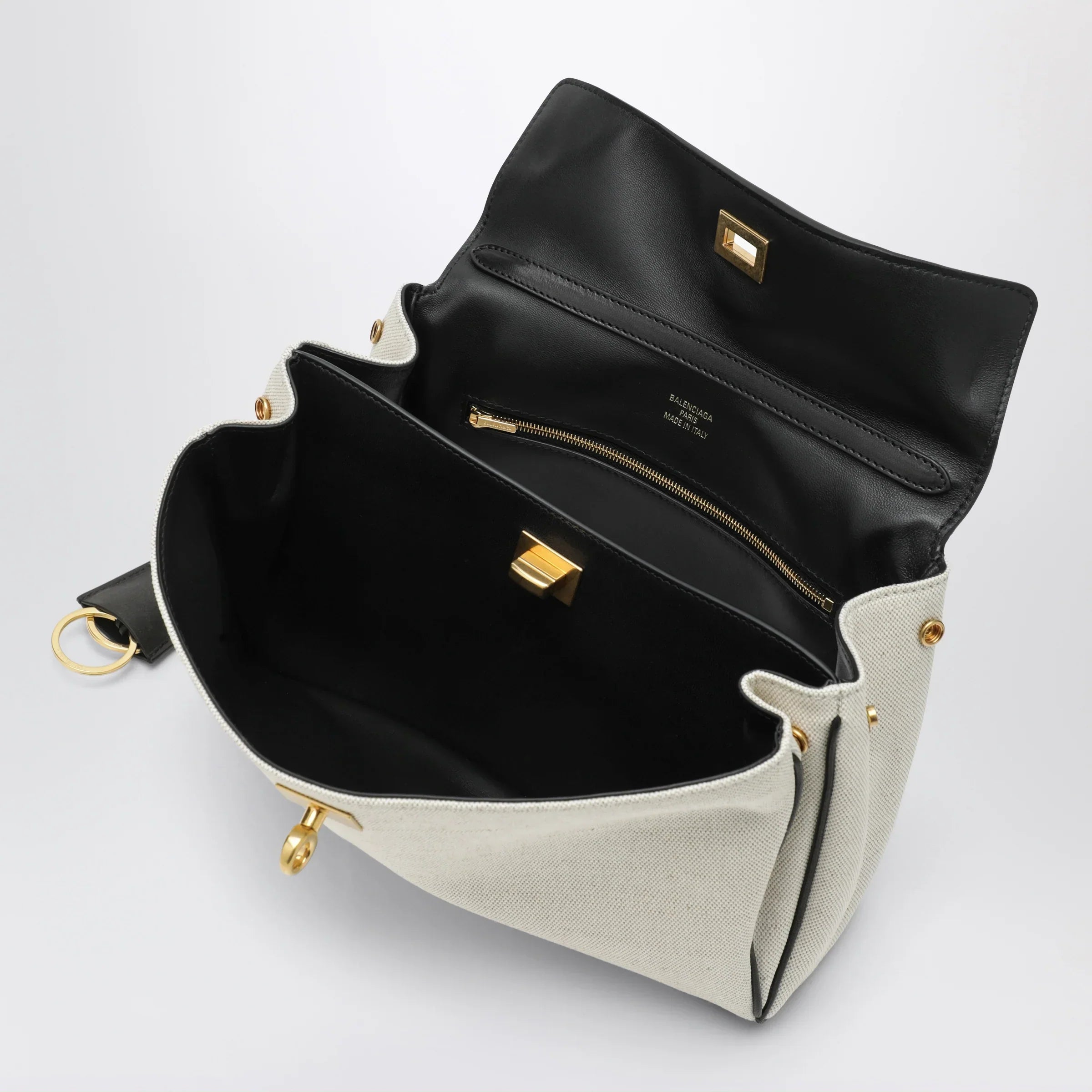 Balenciaga - Small Rodeo handbag in linen and lambskin, natural/black