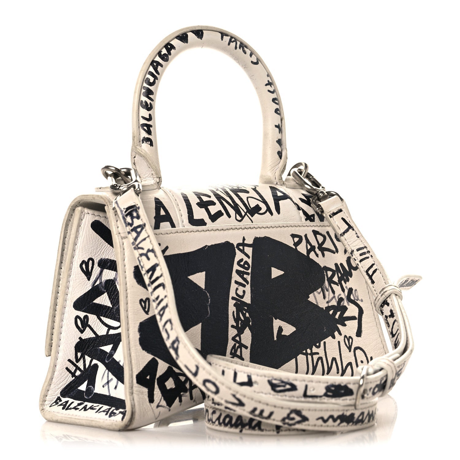 Smooth Calfskin Graffiti Hourglass Top Handle Bag XS White Black