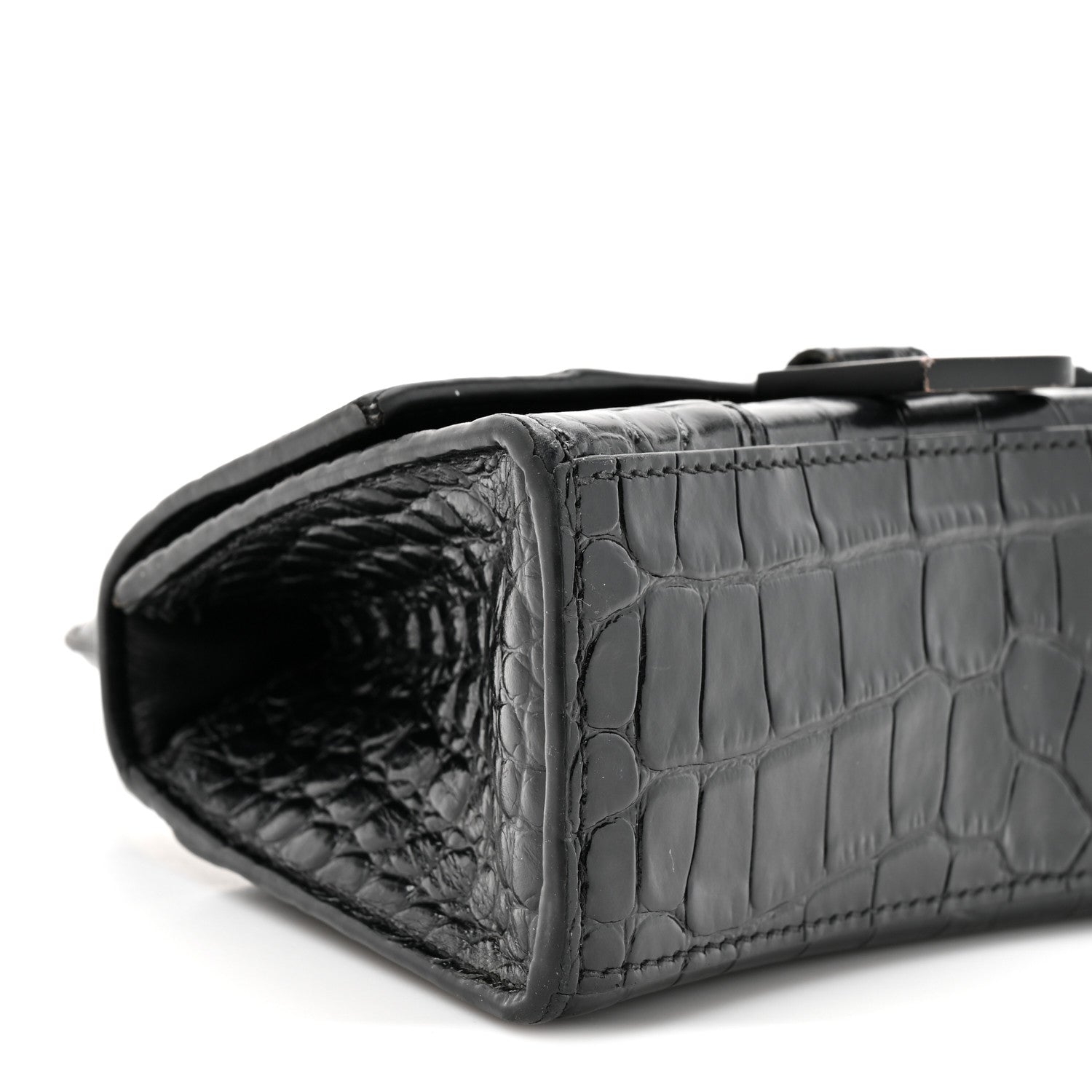 Shiny Calfskin Monochrome Crocodile Embossed Hourglass Top Handle Bag XS Black