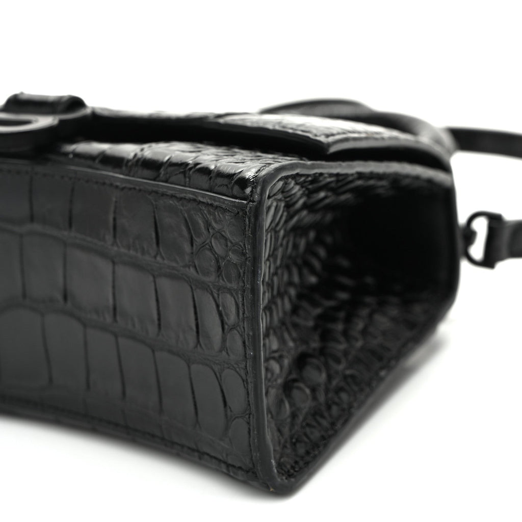 Shiny Calfskin Monochrome Crocodile Embossed Hourglass Top Handle Bag XS Black