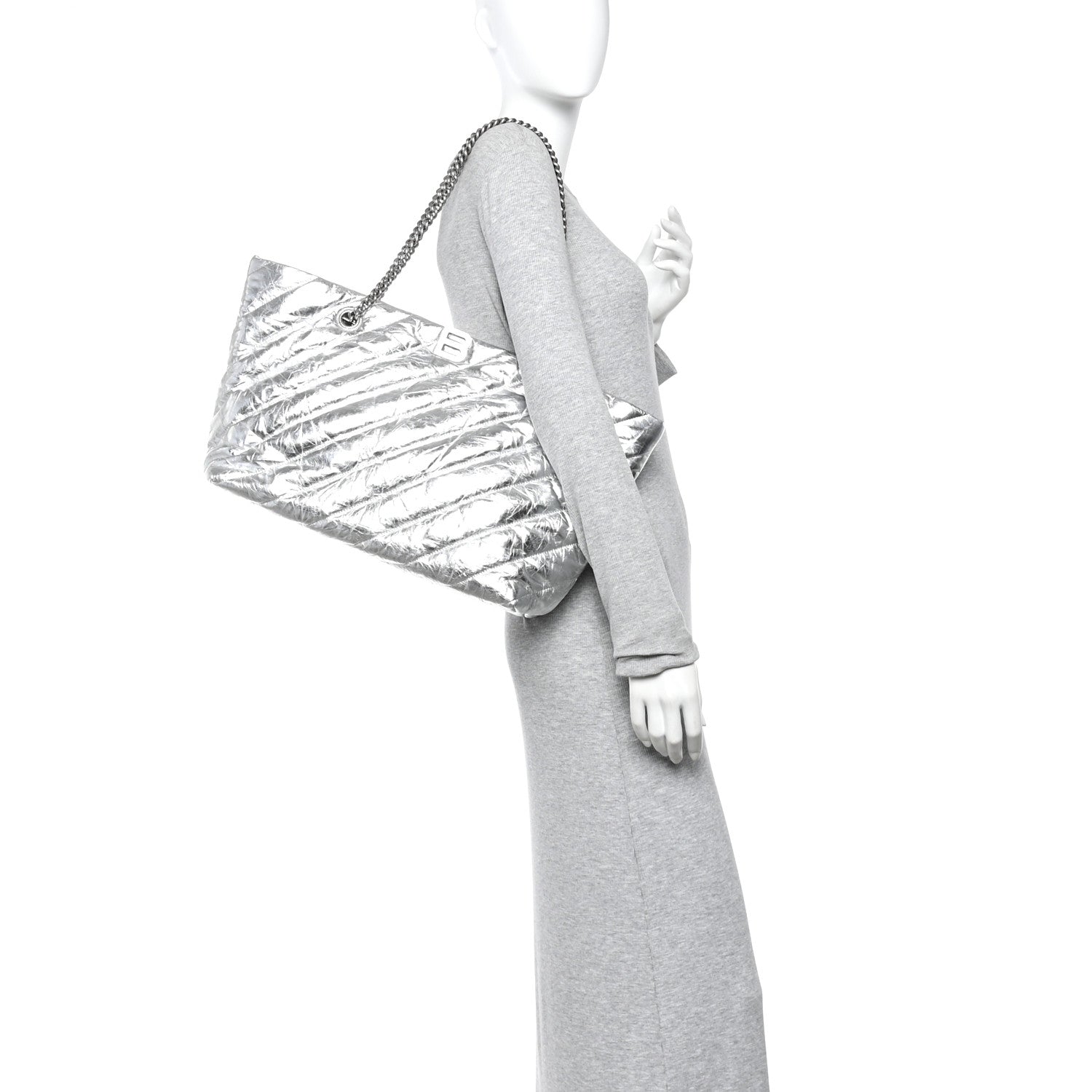 Metallic Crushed Calfskin Quilted Medium Crush Carry All Tote Bag Silver