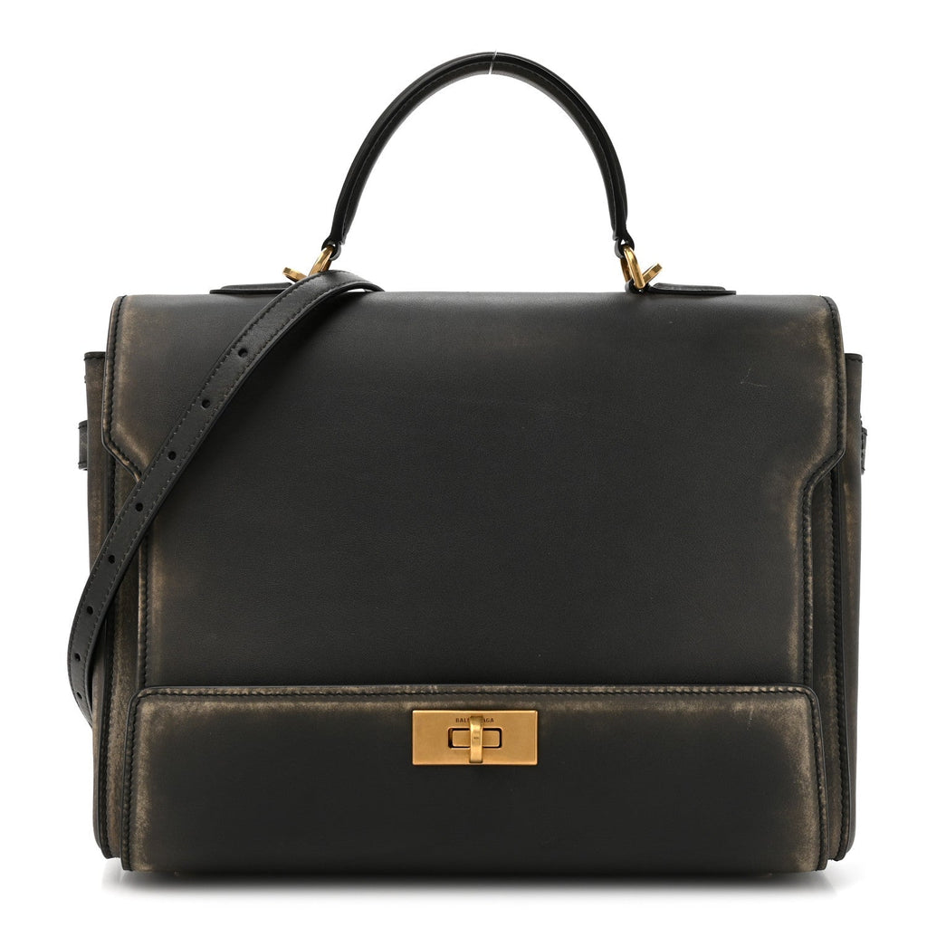 Used Calfskin Money Top Handle Handbag Black