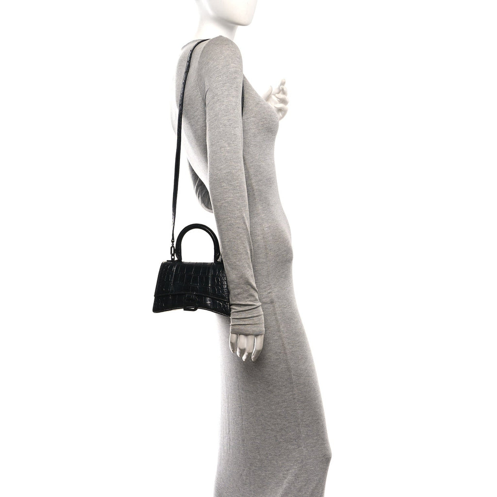 Shiny Calfskin Monochrome Crocodile Embossed Hourglass Top Handle Bag XS Black