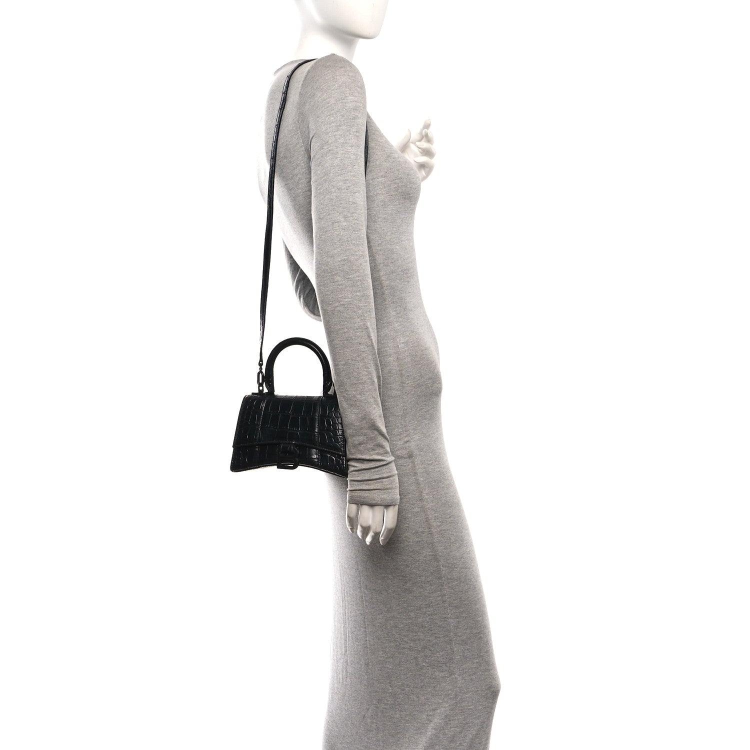 Shiny Calfskin Monochrome Crocodile Embossed Hourglass Top Handle Bag XS Black