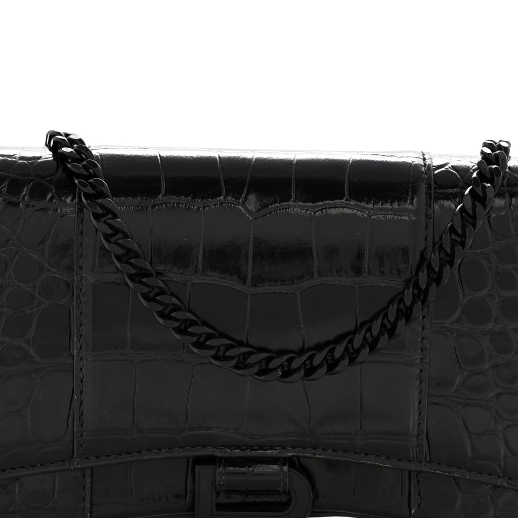 Shiny Calfskin Monochrome Crocodile Embossed Hourglass Chain Bag Black