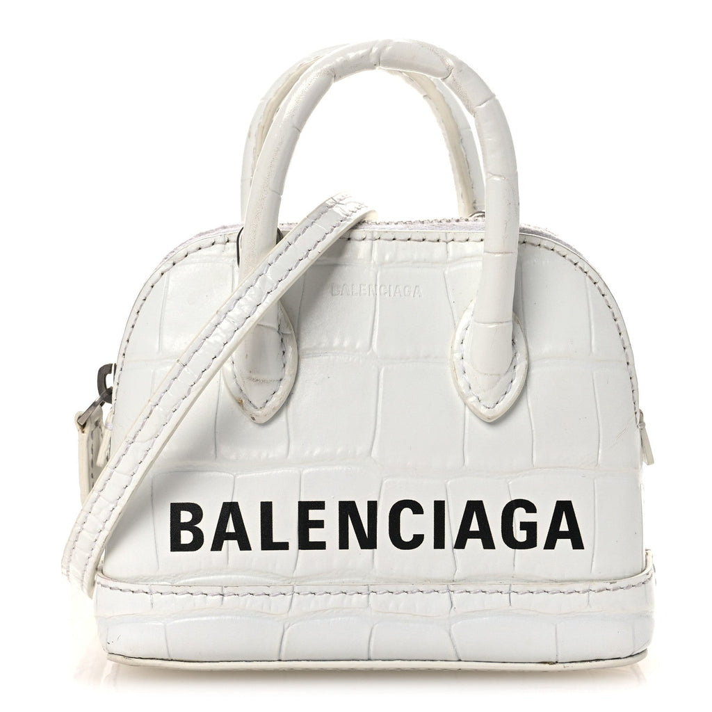 Calfskin Logo Crocodile Embossed Mini Ville Top Handle Bag White Black