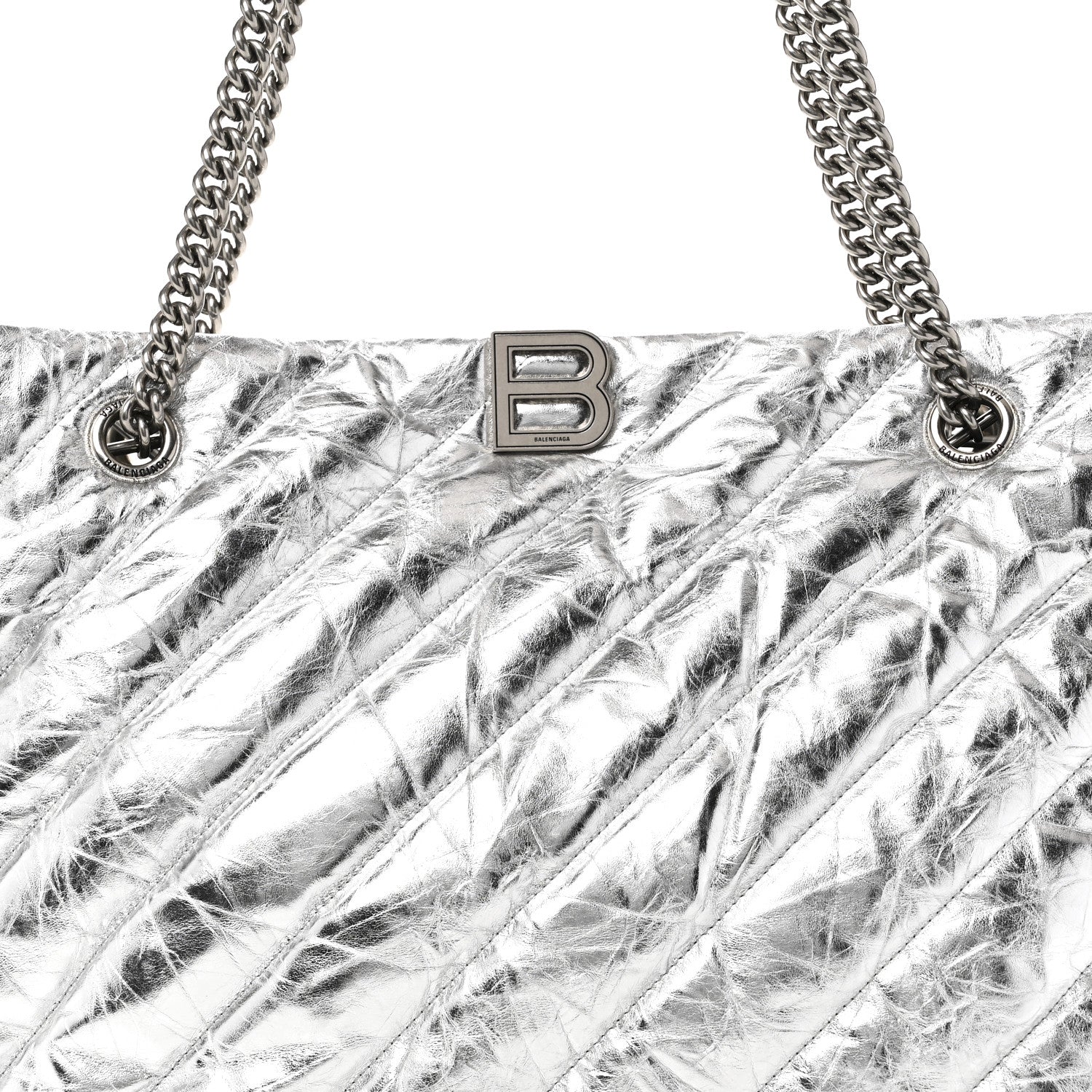 Metallic Crushed Calfskin Quilted Medium Crush Carry All Tote Bag Silver