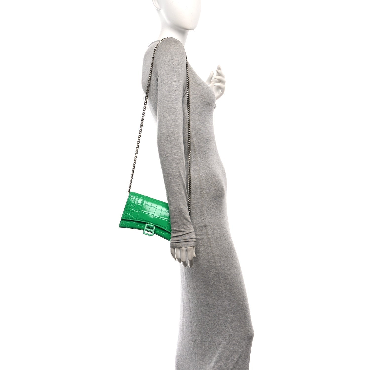 Shiny Calfskin Crocodile Embossed Hourglass Chain Bag Vivid Green