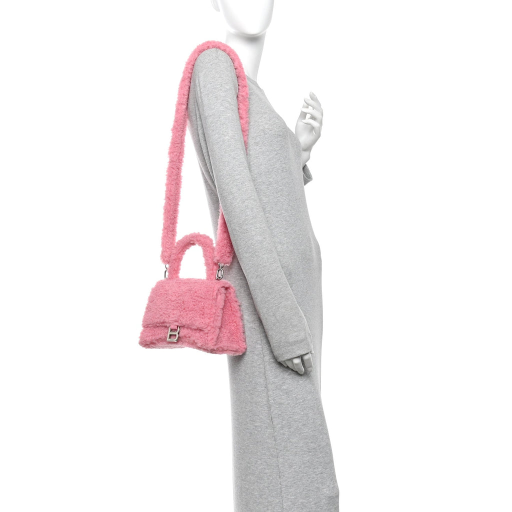 Curly Faux Shearling Small Hourglass Top Handle Bag Sweet Pink Pink