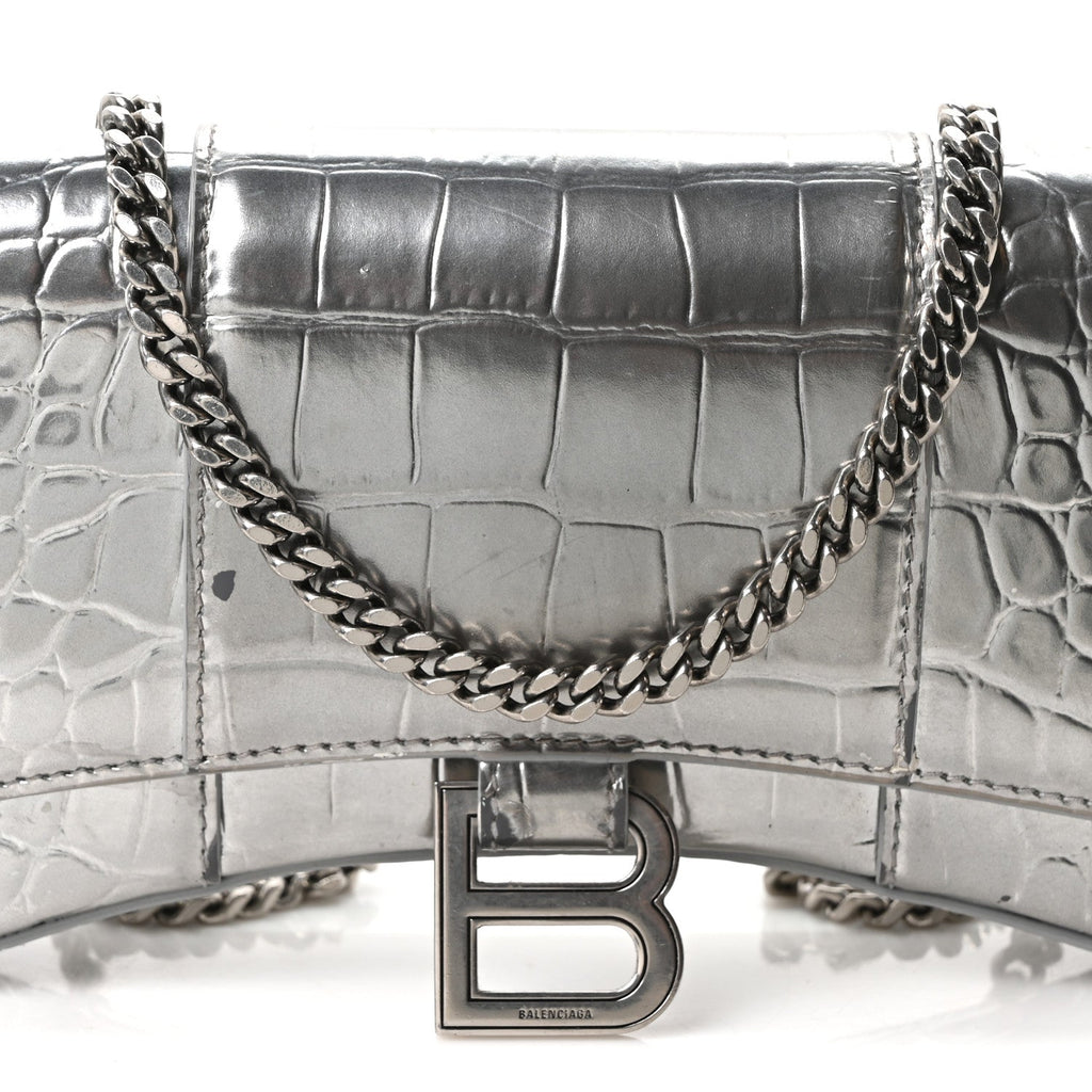 Metallic Calfskin Crocodile Embossed Hourglass Chain Bag Silver
