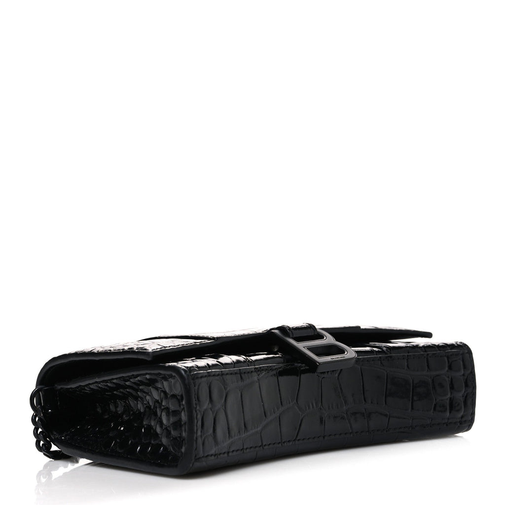 Shiny Calfskin Monochrome Crocodile Embossed Hourglass Chain Bag Black