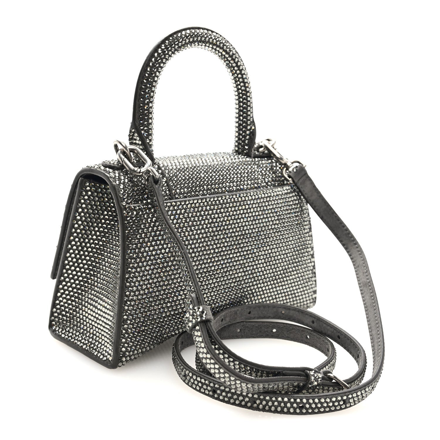 Strass Suede Hourglass Top Handle Bag XS Smoke Grey Crystal