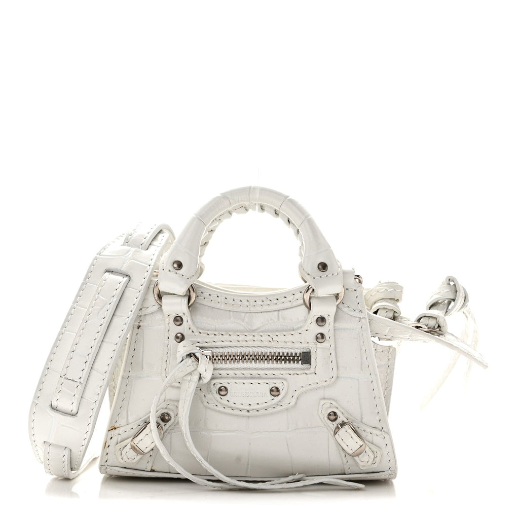 Extra Supple Calfskin Crocodile Embossed Neo Classic Silver Hardware Super Nano City Crossbody  White