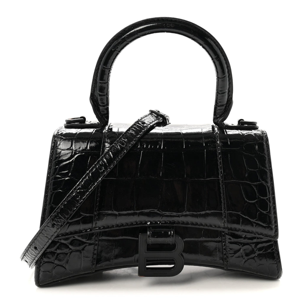 Shiny Calfskin Monochrome Crocodile Embossed Hourglass Top Handle Bag XS Black