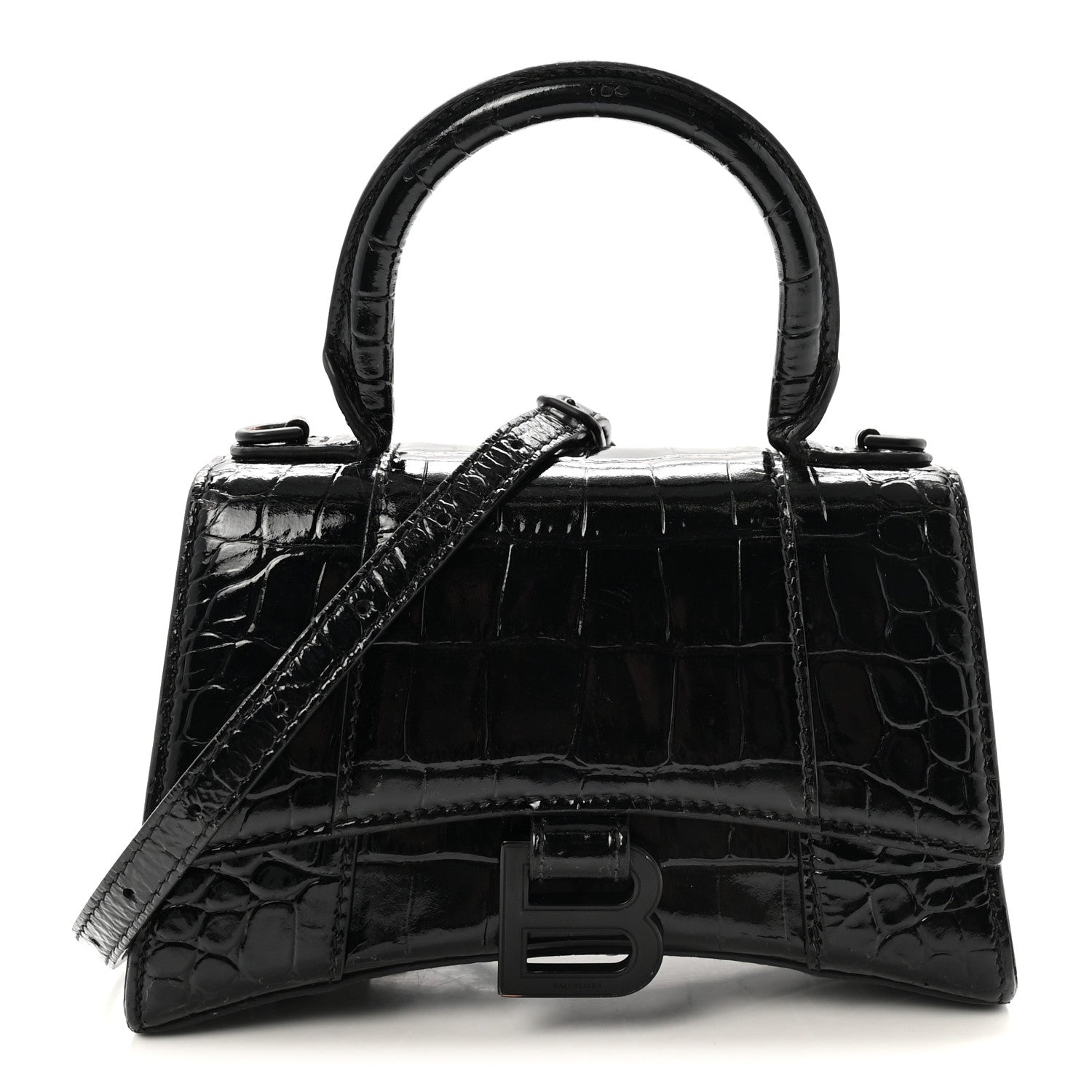 Shiny Calfskin Monochrome Crocodile Embossed Hourglass Top Handle Bag XS Black