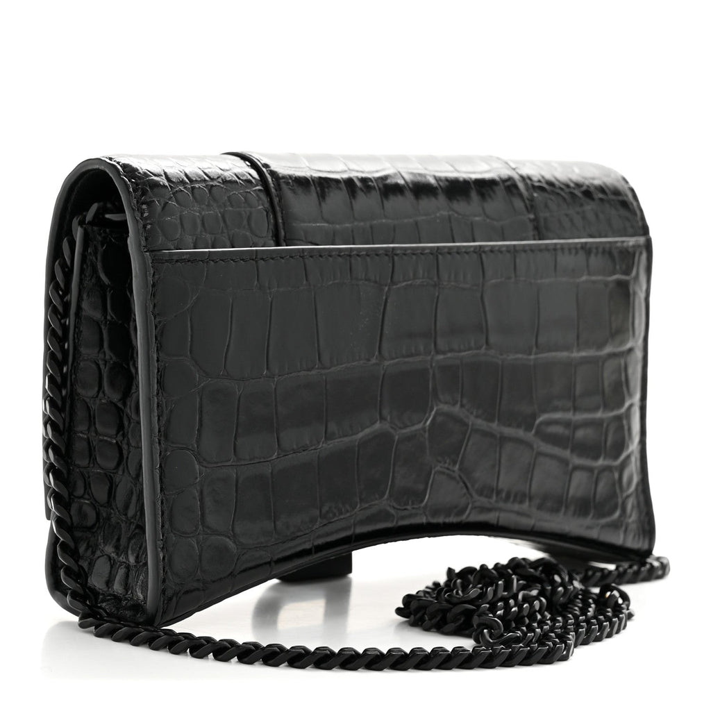 Shiny Calfskin Monochrome Crocodile Embossed Hourglass Chain Bag Black
