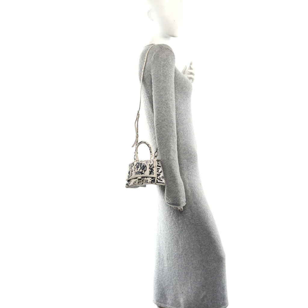 Smooth Calfskin Graffiti Hourglass Top Handle Bag XS White Black